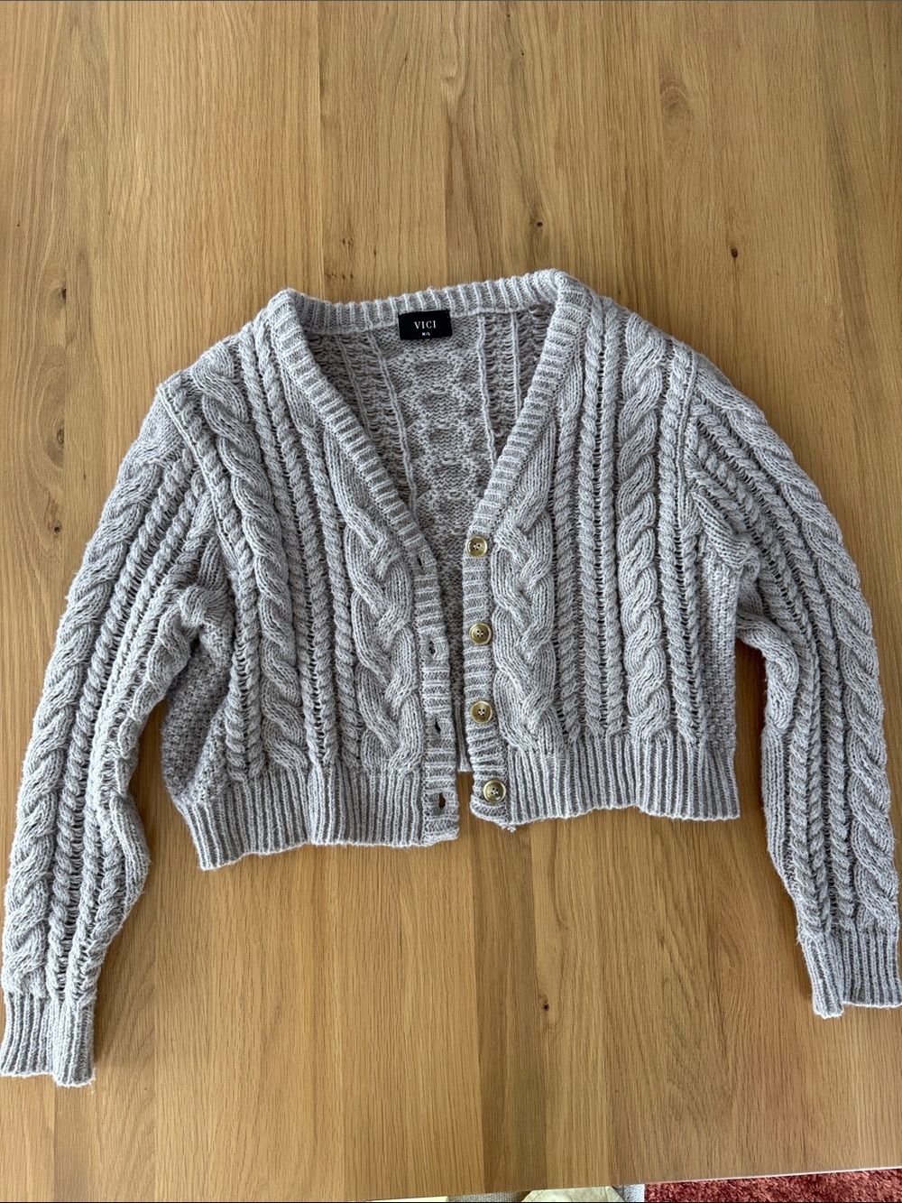 Taupe knit cropped cardigan, Vici, M/L, gently worn, minor pulls